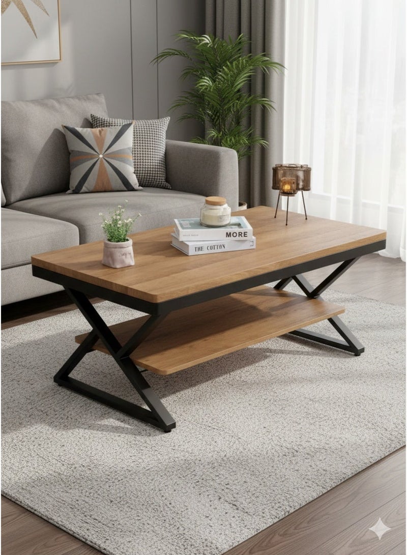 طاولة قهوة مركزية عصرية بتصميم من طابقين بأرجل وإطار معدني متين وسطح خشبي 110x60x48 سم بني - Image 1